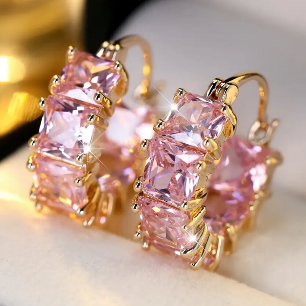 Gold Tone Huggie Earrings with Pink Princess Cut Stones and Tons of Bling #1492